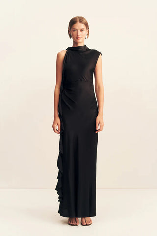 Agnes Draped Ruffled Maxi Dress | Black