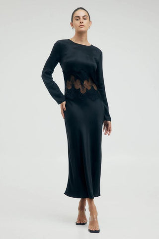 Visions Lace Trim LS Maxi Dress | Ebony