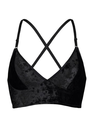 Designed by Fortnight Lingerie and Misfit Studios, this pull over bra is constructed with crushed stretch black velvet, bonded jersey straps and power mesh. A reinforced front panel and outer cup lining creates flexibility, comfort and support through movement. Made in Toronto, Canada.  All lingerie is final sale. 