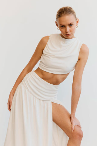 MARBLE GATHERED SIDE MIDI SKIRT | OFF WHITE