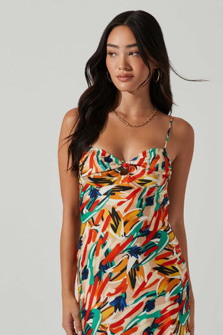 Mariela Abstract Satin Midi Dress | Orange Green Multi