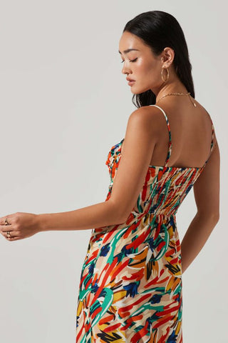 Mariela Abstract Satin Midi Dress | Orange Green Multi