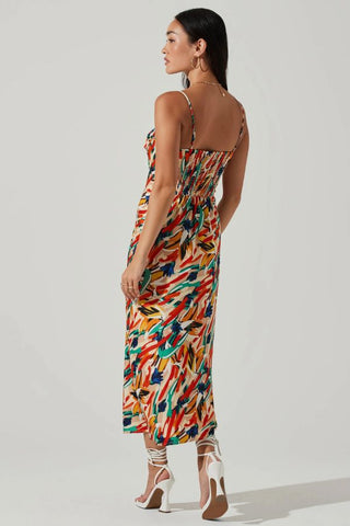 Mariela Abstract Satin Midi Dress | Orange Green Multi