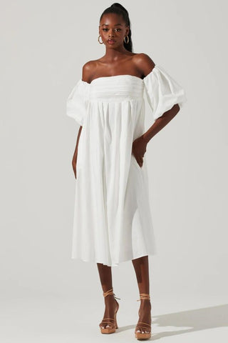 Carlin Off Shoulder Puff Sleeve Midi Dress | White