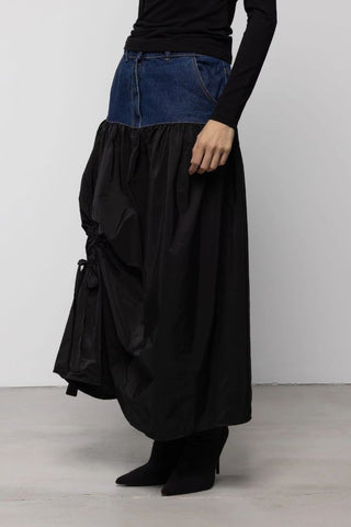 Denim Taffeta Volume Cut-Out Skirt | Black/Denim Blue