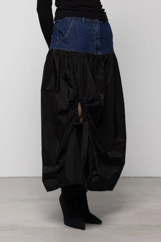 Denim Taffeta Volume Cut-Out Skirt | Black/Denim Blue