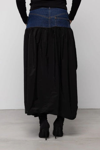 Denim Taffeta Volume Cut-Out Skirt | Black/Denim Blue