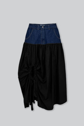Denim Taffeta Volume Cut-Out Skirt | Black/Denim Blue