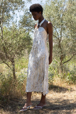 Crinkle Satin Cut-Out Maxi Dress | White Moonstone Print