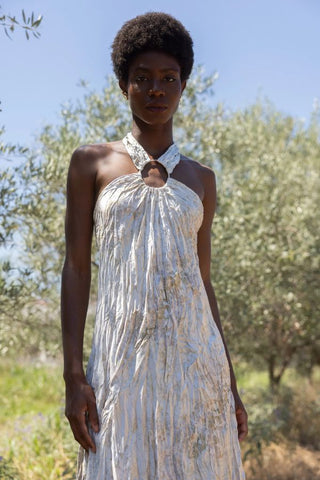 Crinkle Satin Cut-Out Maxi Dress | White Moonstone Print