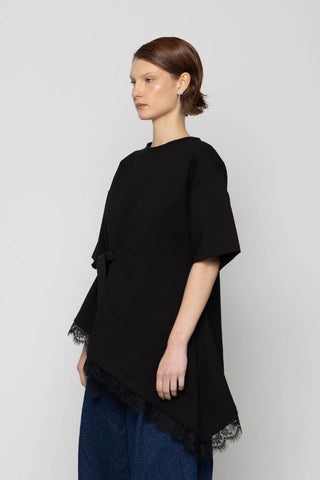 Drawstring Asymmetric Lace Trim Top