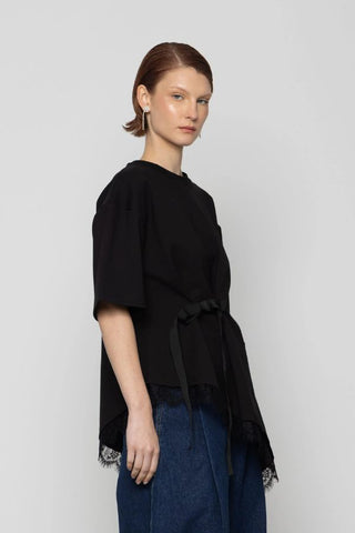 Drawstring Asymmetric Lace Trim Top