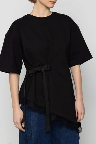 Drawstring Asymmetric Lace Trim Top