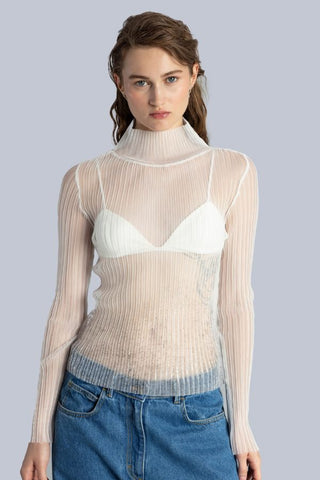 High Neck Mesh Pleated Top | Off White