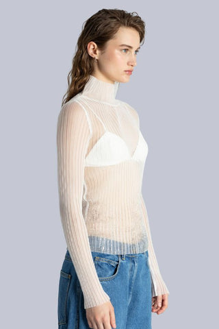 High Neck Mesh Pleated Top | Off White