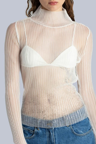 High Neck Mesh Pleated Top | Off White