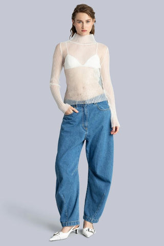 High Neck Mesh Pleated Top | Off White