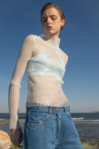 High Neck Mesh Pleated Top | Off White
