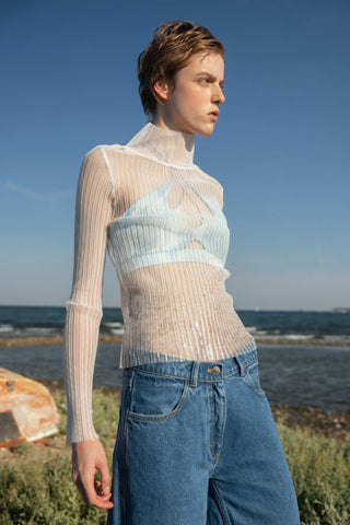 High Neck Mesh Pleated Top | Off White
