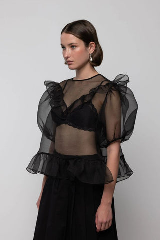 Organza Balloon Sleeve Top | Black