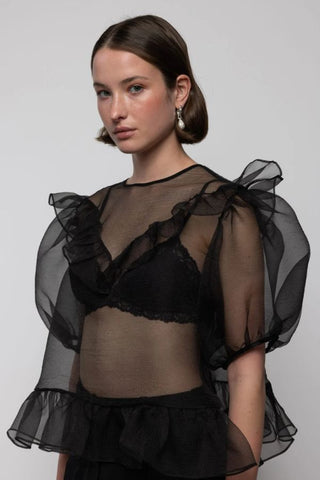 Organza Balloon Sleeve Top | Black