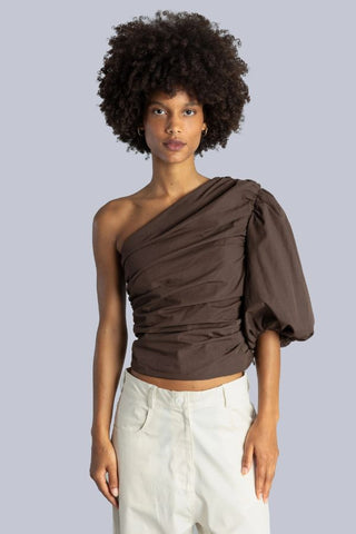 Poplin One Shoulder Top | Brown
