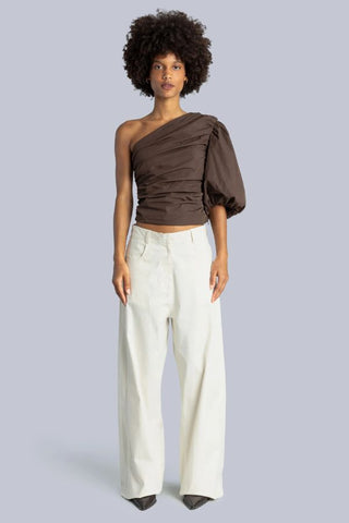 Poplin One Shoulder Top | Brown