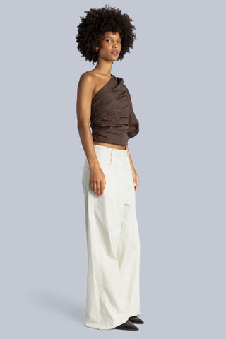 Poplin One Shoulder Top | Brown