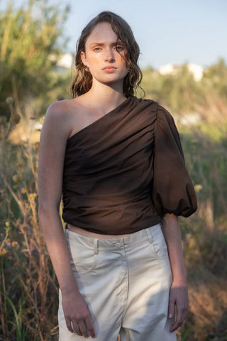 Poplin One Shoulder Top | Brown