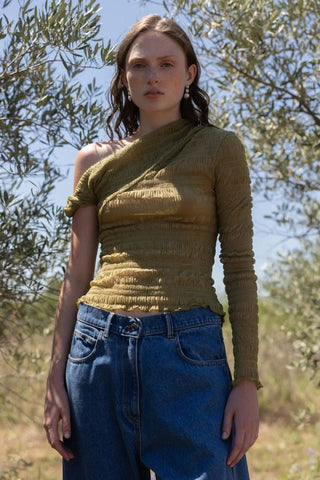Shirred One-Sleeve Top | Green