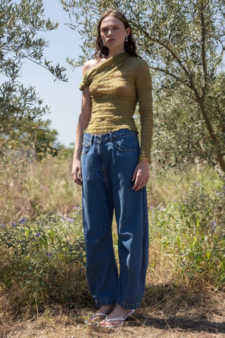 Shirred One-Sleeve Top | Green