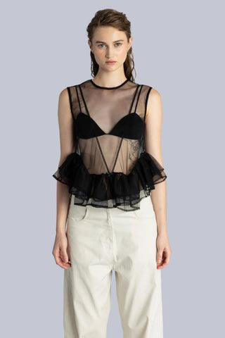 Tulle Peplum Ruffle Top | Black