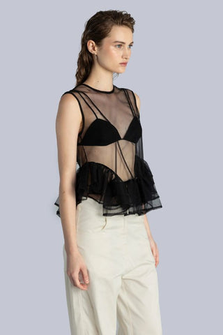 Tulle Peplum Ruffle Top | Black