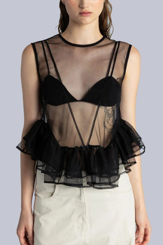 Tulle Peplum Ruffle Top | Black