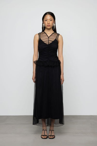 Gathered Sheer Dress with Decorative Frill | Black | Esthé