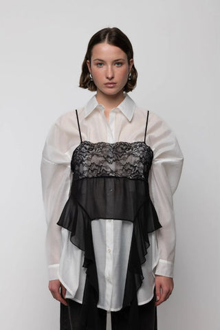 Lace Sheer Top with Frills | Black