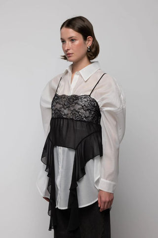 Lace Sheer Top with Frills | Black
