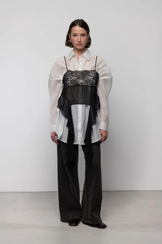 Lace Sheer Top with Frills | Black