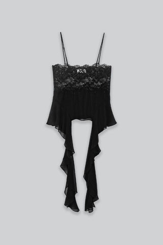 Lace Sheer Top with Frills | Black