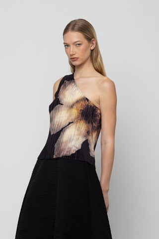One-Shoulder Pleated Floral Top