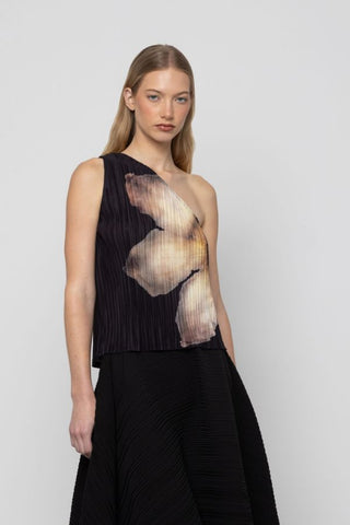 One-Shoulder Pleated Floral Top