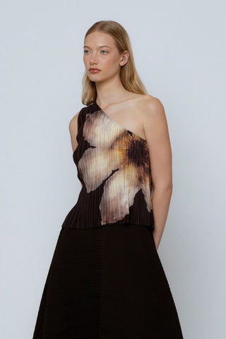 One-Shoulder Pleated Floral Top