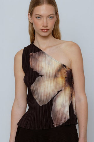 One-Shoulder Pleated Floral Top