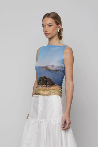 Printed Mesh Boat-Neck Top