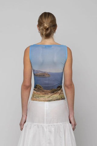 Printed Mesh Boat-Neck Top