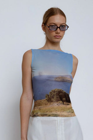 Printed Mesh Boat-Neck Top