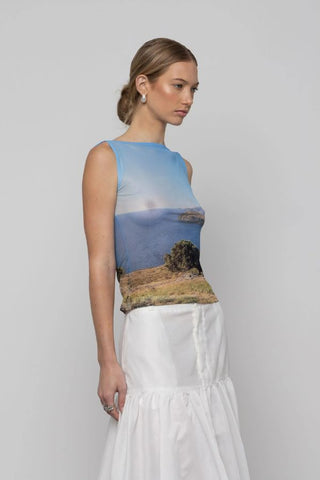 Printed Mesh Boat-Neck Top