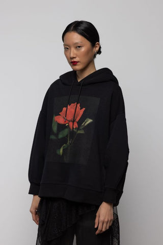 Rose Print Cotton Hoodie | Black