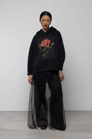 Rose Print Cotton Hoodie | Black