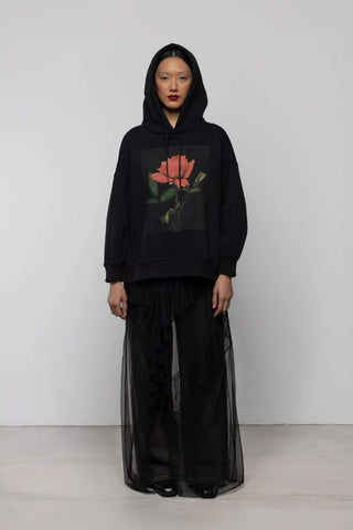 Rose Print Cotton Hoodie | Black